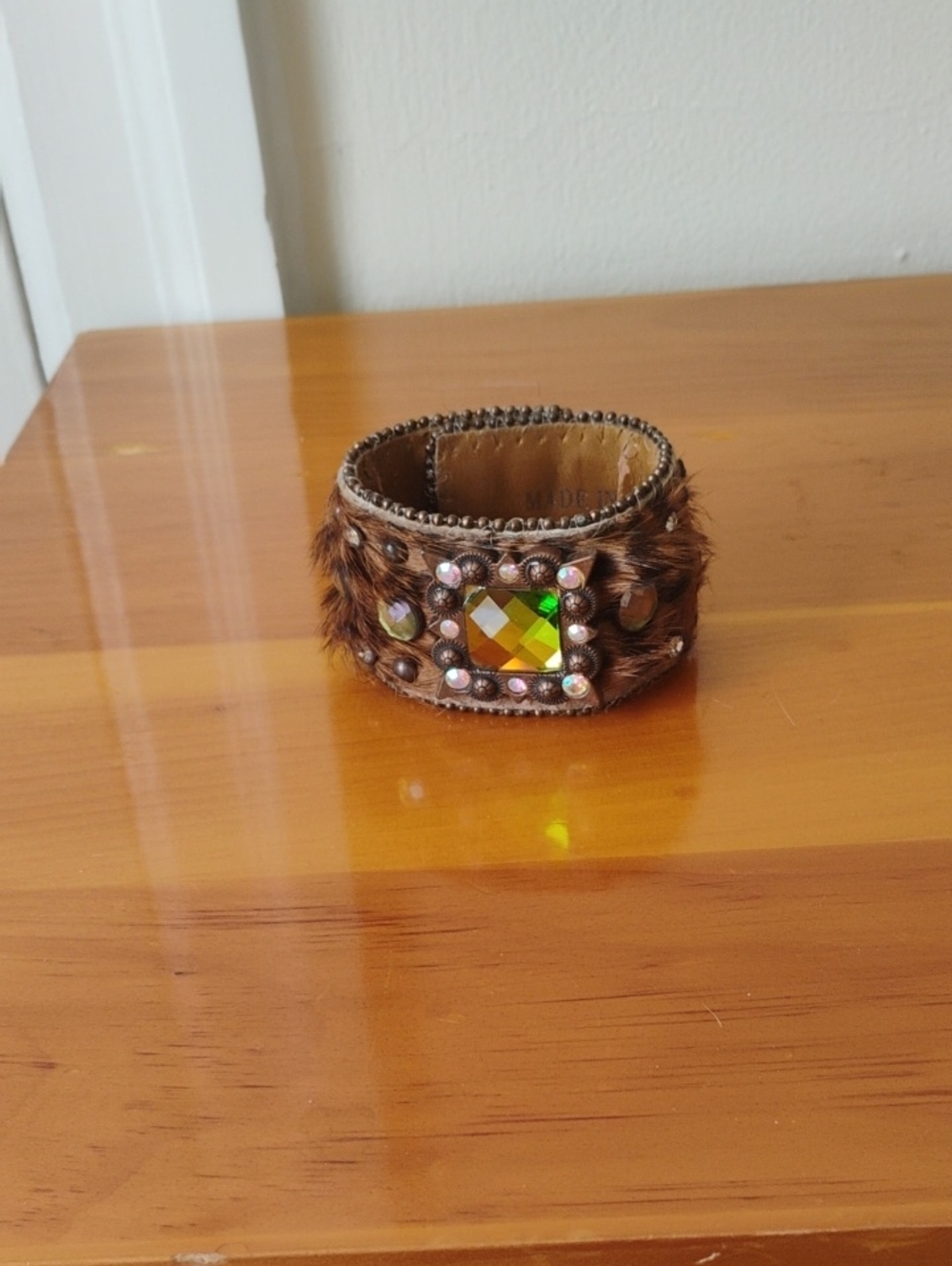 Brown Faux Fur Cuff Bracelet with Iridescent Gem Accent